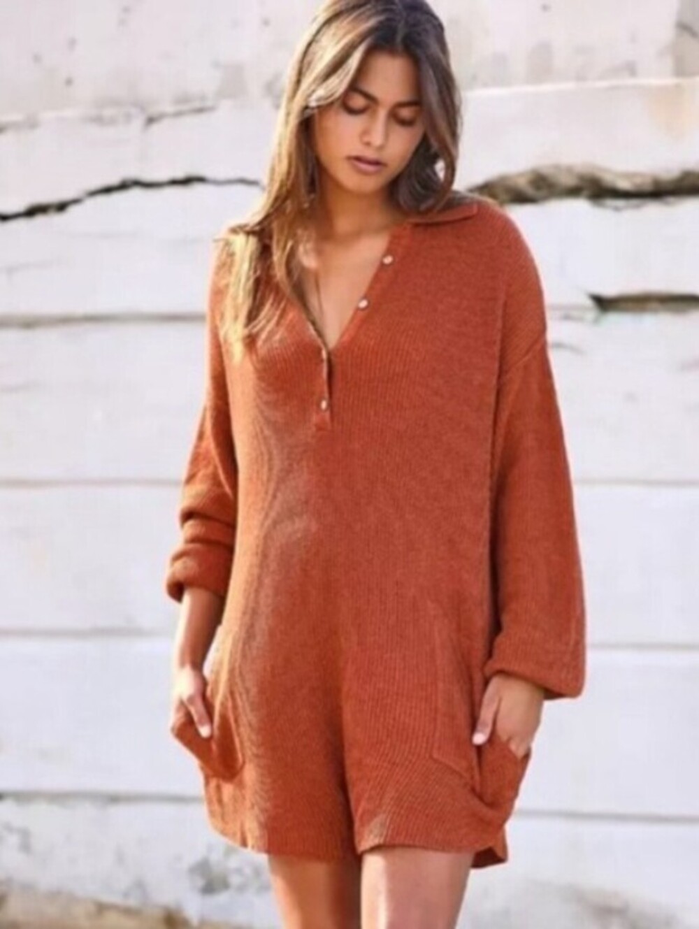 Free People Beach Rust Relaxed Linen Blend Picnic Sweater 3" Romper - Size - XL